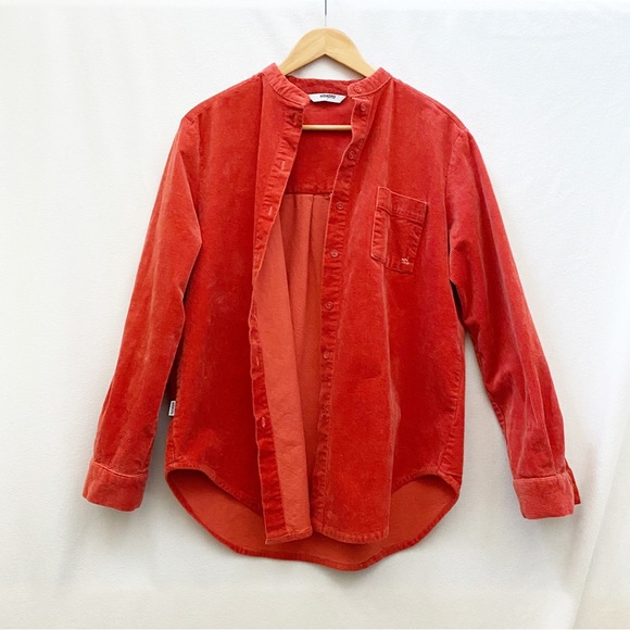 Unisex Orange Cozy Corduroy Button-up Overshirt with Mandarin Collar - Picture 1 of 11